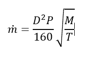 The mass flow rate, denoted as m-dot, is given by the equation: D squared times P divided by 160, multiplied by the square root of the ratio of M to T.