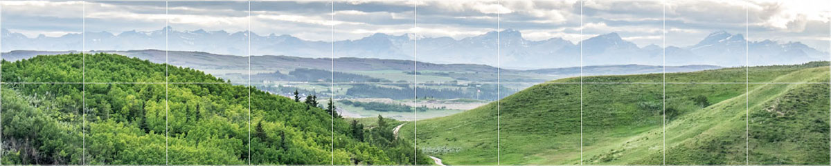 Green rolling hills with mountains in the background