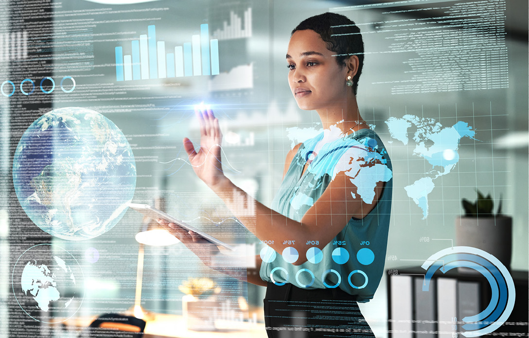World, tablet and overlay with a business black woman using an interface to access the metaverse of data.