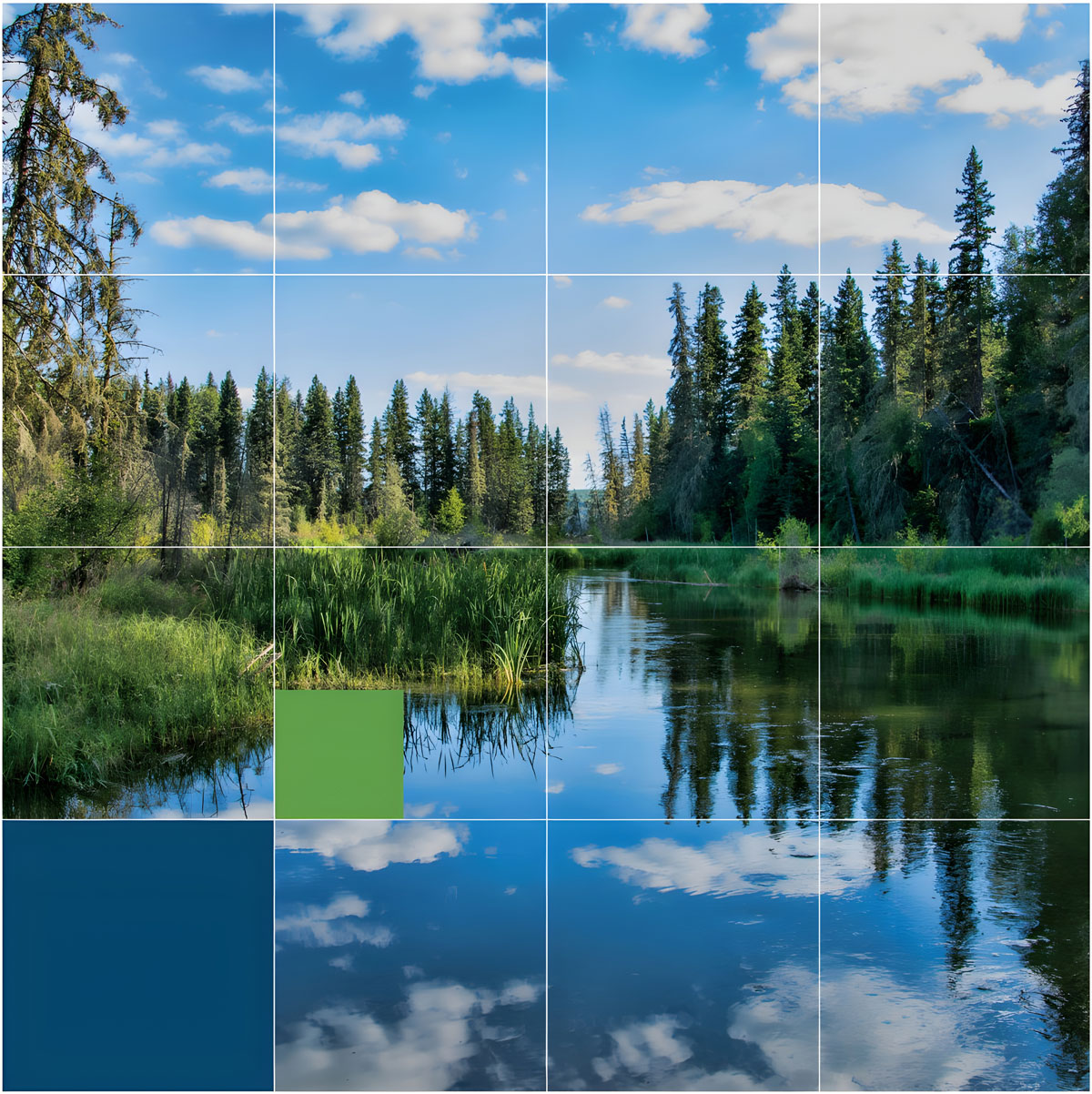 Rivière forestière sous ciel bleu, quadrillée avec deux carrés colorés en bas.