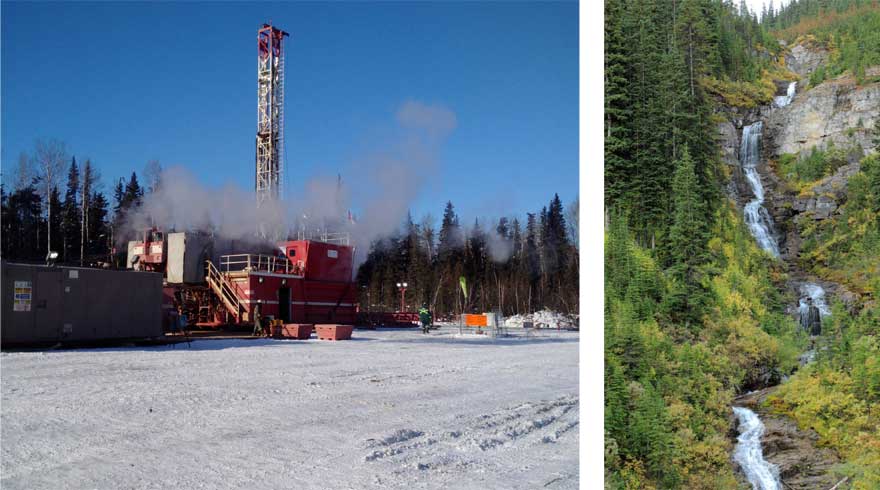 Gas facility in winter and forest waterfall