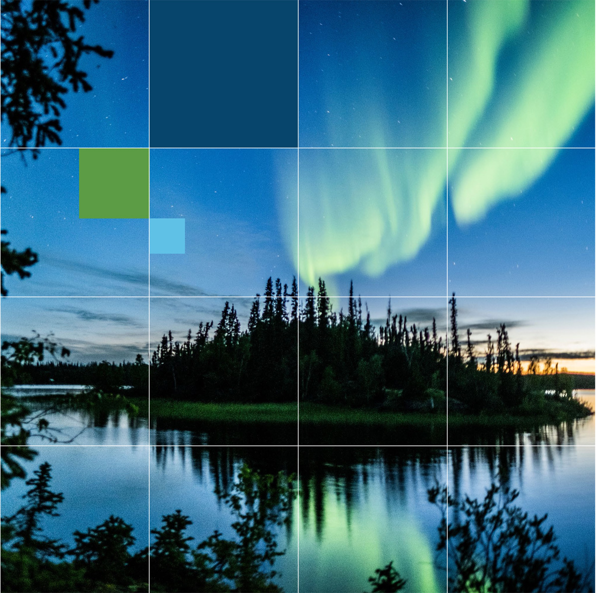 Northern lights over a forested island