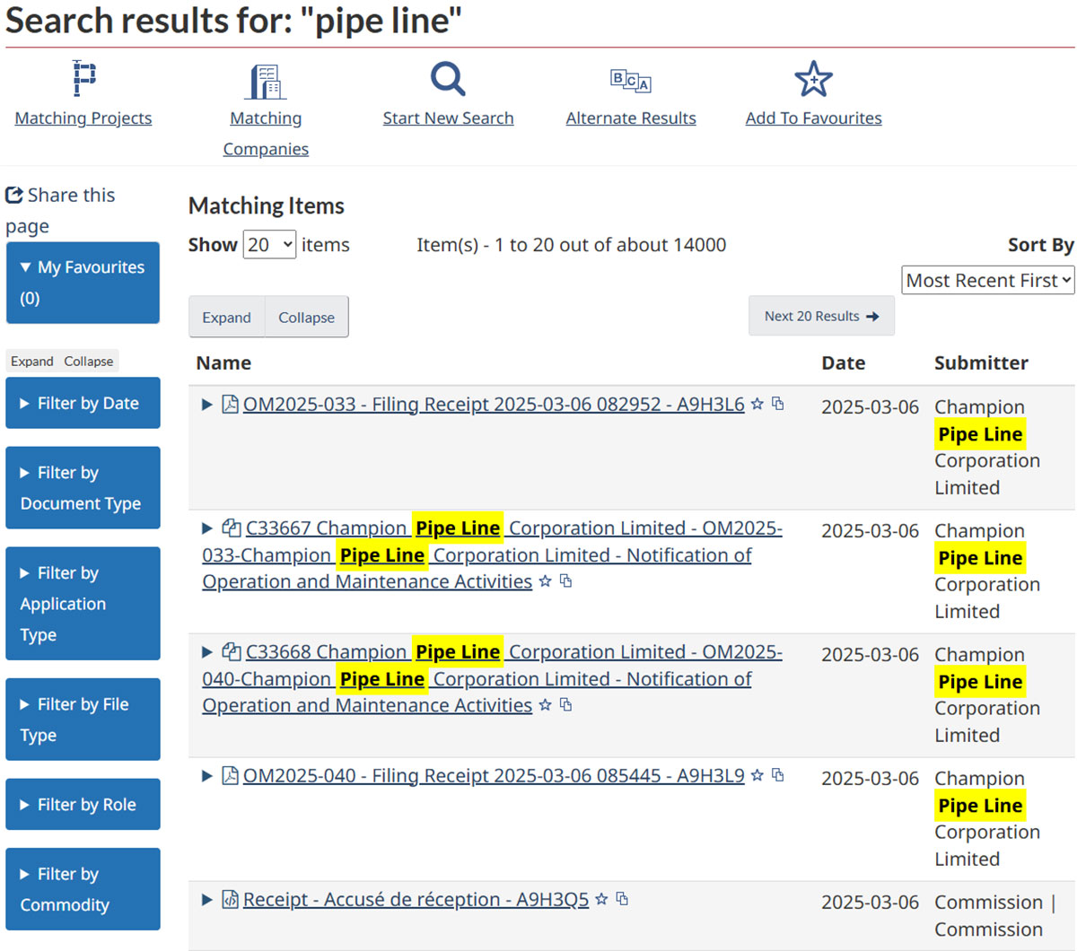 The first few REGDOCS search results for “pipe line”.