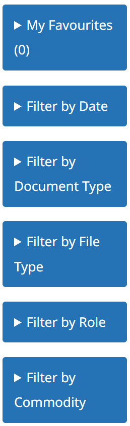 A snapshot of the list of search filters. One can filter the search by date, document type, application type, file type, role, and by commodity.
