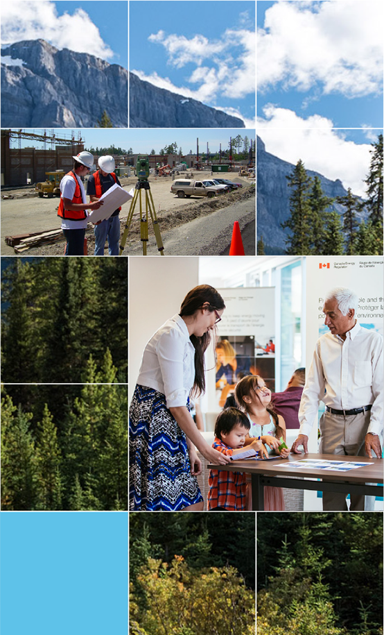 Family looking at pictures on a table and two land surveyors wearing PPE on construction site looking at map beside surveying tripod.