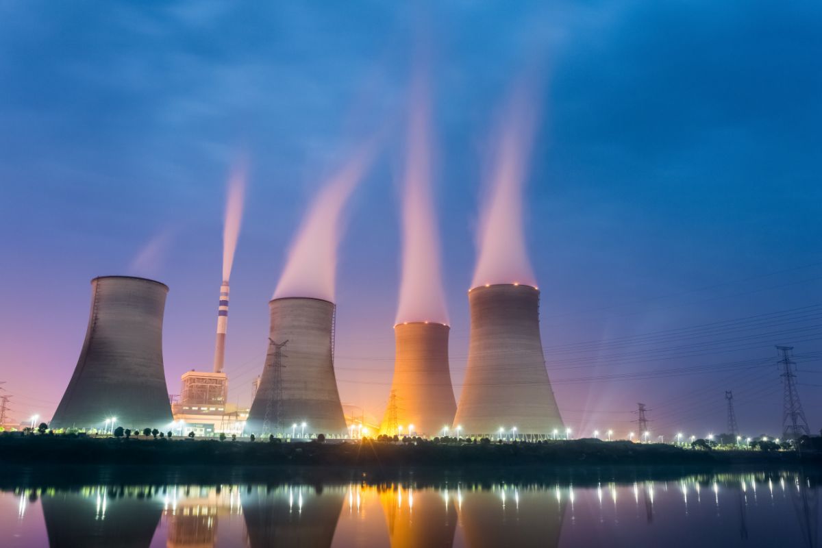 Nuclear power plant at dusk.