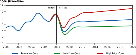 Figure 3.2 - Henry Hub Natural Gas Price at Louisiana, Reference Case Scenario and Price Cases