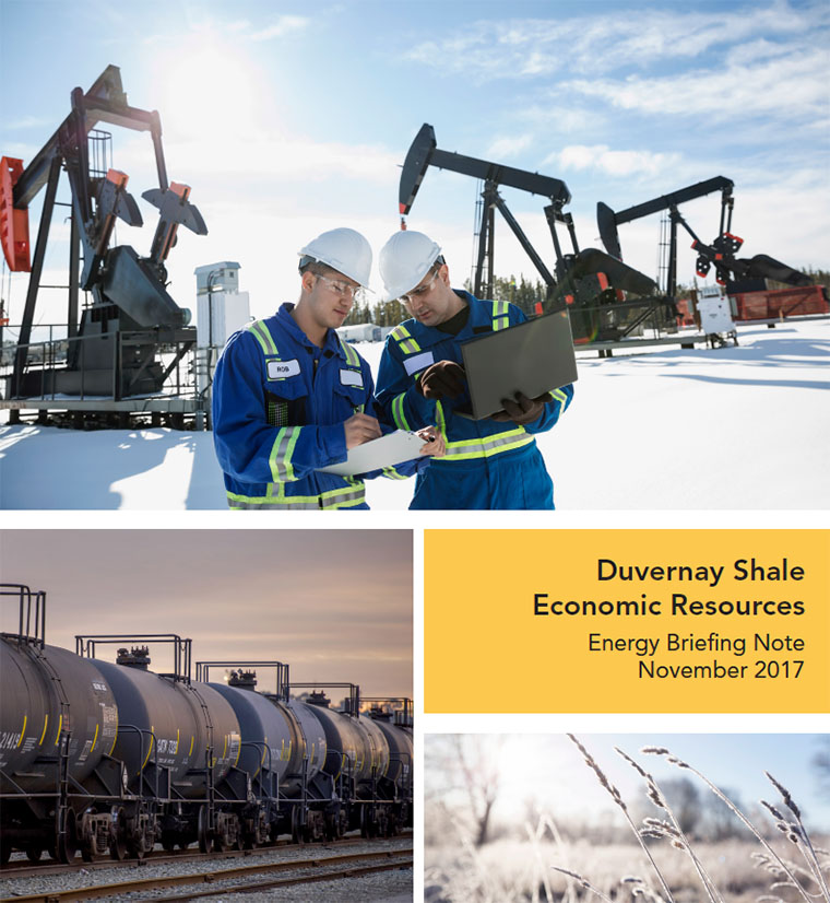 Upper photo: Two engineers in personal protective gear inspect notes in front of three working jack pumps.; Bottom-left photo: Black rail cars loaded with petroleum product ready to move on rail tracks at dusk.; Bottom-right photo: close up of grass frosted with ice in the early morning sun.