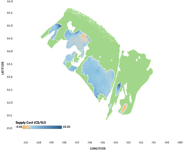 Figure A2. Map of the Duvernay Shale’s natural gas-supply costs at 2017 well costs and with the light sweet crude oil price constant at C$60/bbl