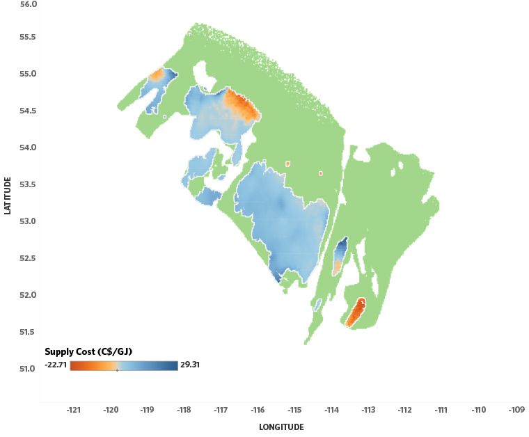 Figure A4. Map of the Duvernay Shale’s natural gas-supply costs at 2018 well costs and the light sweet crude oil price constant at C$70/bbl