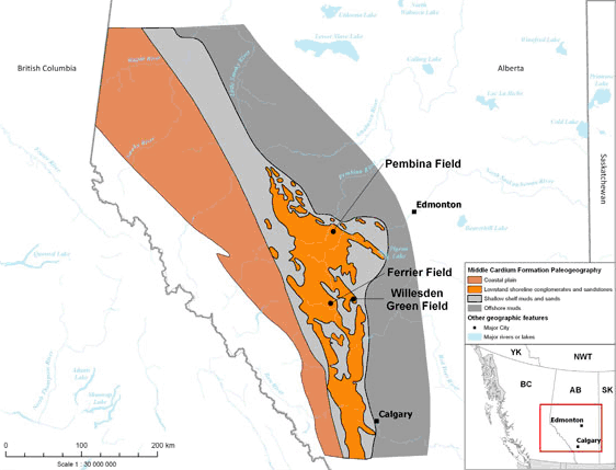 Figure 11 - Map of dispositional setting during Middle Cardium shale deposition