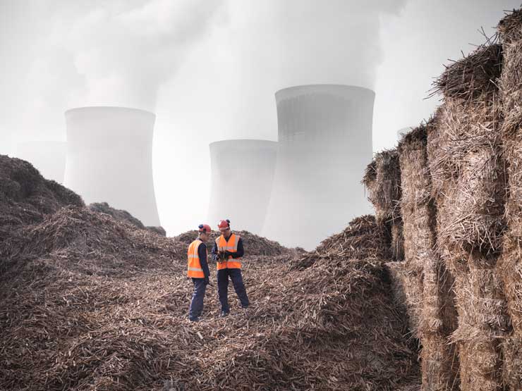 Workers with elephant grass biomass fuel, biomass plant smoke stacks are seen in the distance