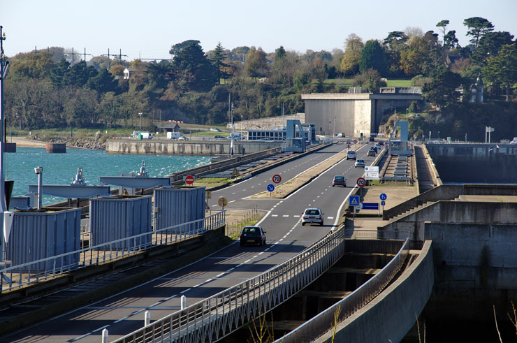 Hydroelectric barrage between Dinard and Saint Malo, France. Electricity is produced with the tides.