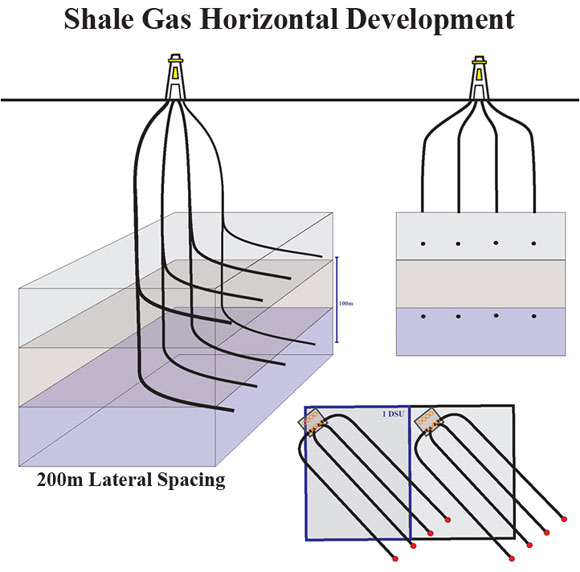 Figure 7: Schematic of a multi-well drilling pad and multiple horizontal wells originating from the same wellsite