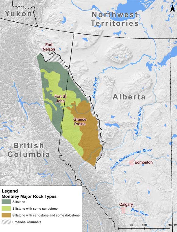 Figure 1. Generalized map showing the location of the Montney Formation in the subsurface of Alberta and British Columbia. Modified from the Geological Atlas of the Western Canada Sedimentary Basin