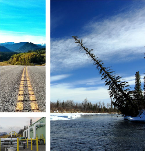 Top left: Highway 66 in Kananaskis Country in autumn, bottom left: natural gas pipeline compressor station, bottom right: Elbow River in winter