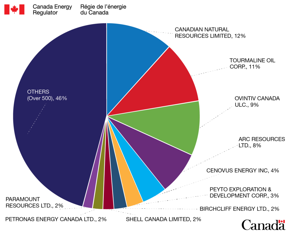 Western Canadian natural gas production shares by gas operator in 2021