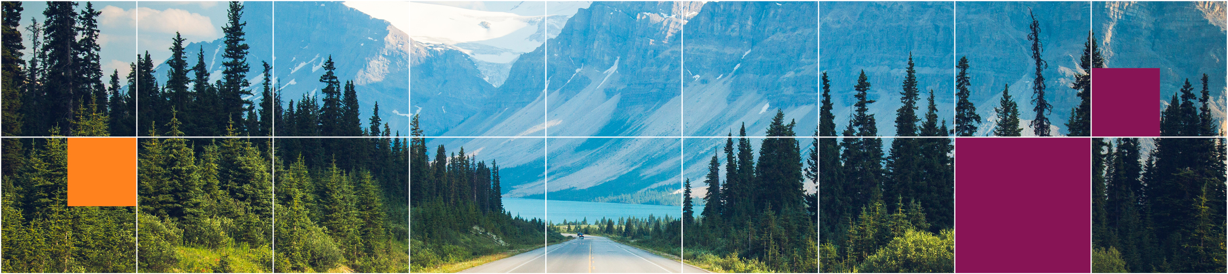 Bannière présentant une vue panoramique d’une route bordée d’arbres menant à un lac de montagne