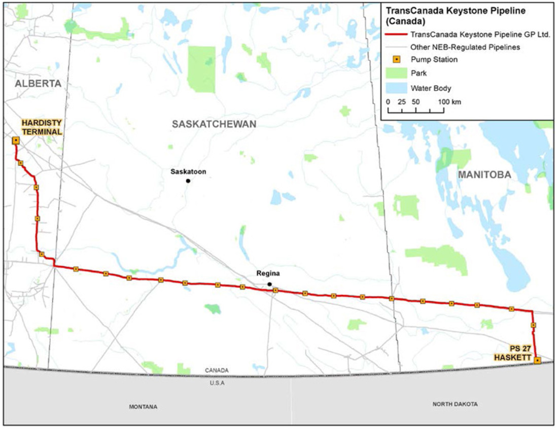 Carte du pipeline Keystone de TransCanada (au Canada)