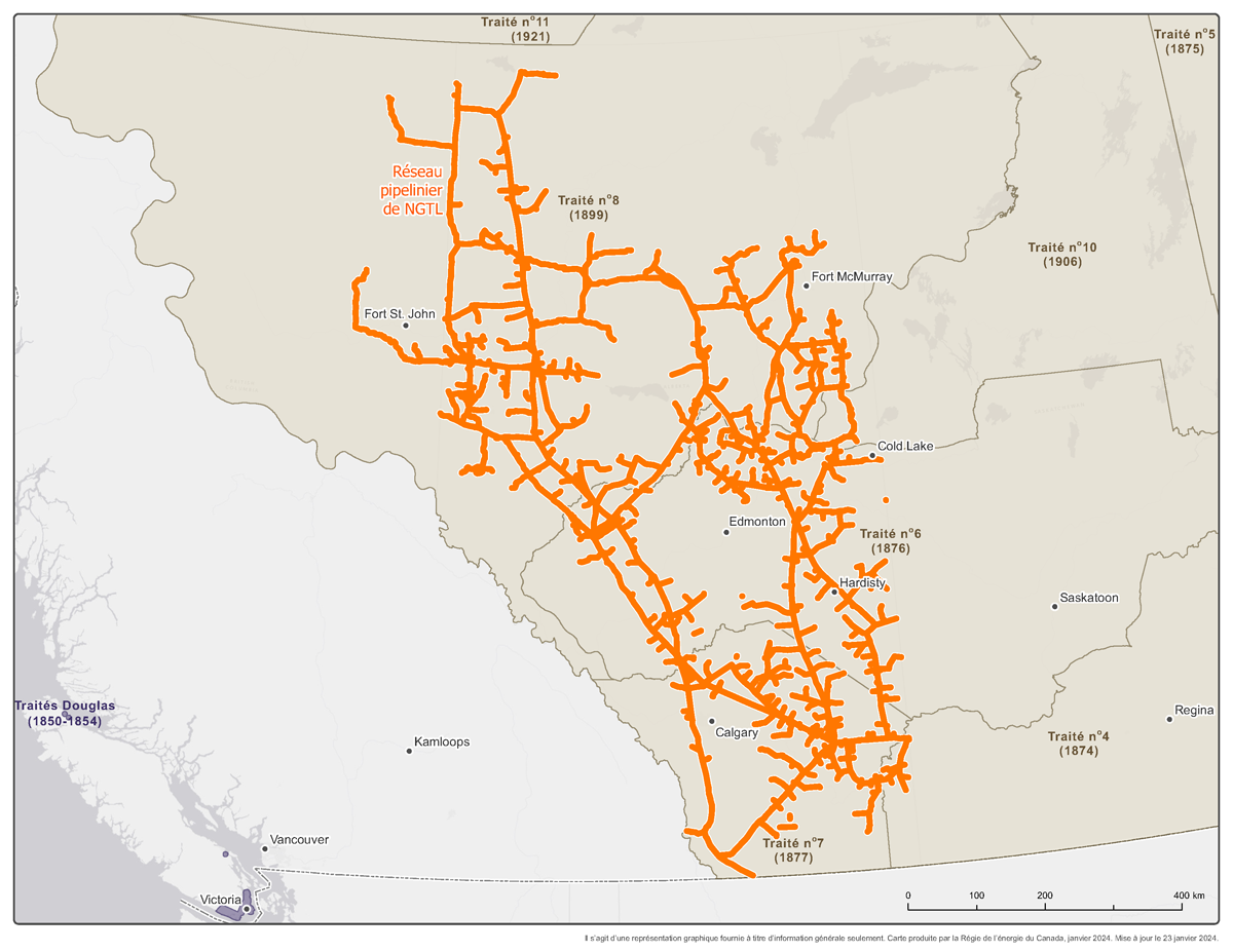 La carte du réseau de NGTL montre les pipelines qui y sont raccordés et les zones de production de gaz naturel. NGTL possède un important réseau de collecte et de transport de gaz naturel qui compte des points de réception et de livraison partout en Alberta et dans le nord-est de la Colombie-Britannique.