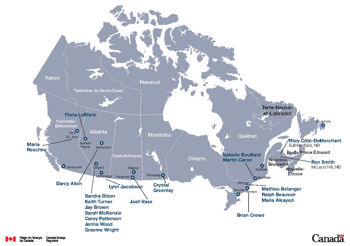Carte du Canada montrant les membres du Comité consultatif sur les questions foncières et leurs emplacements.