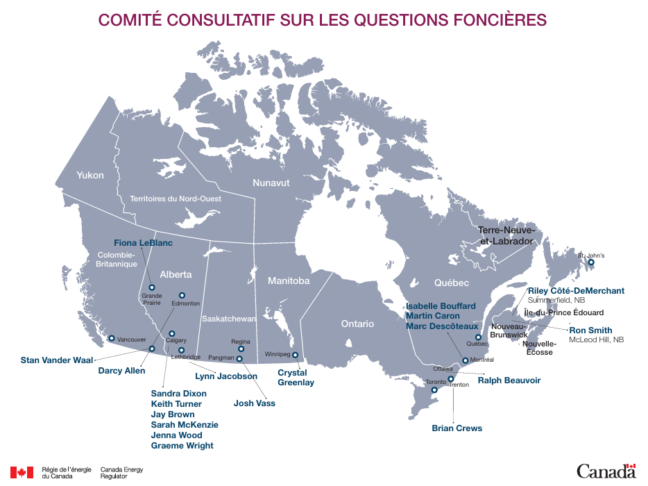 Carte du Canada montrant les membres du Comité consultatif sur les questions foncières et leurs emplacements.
