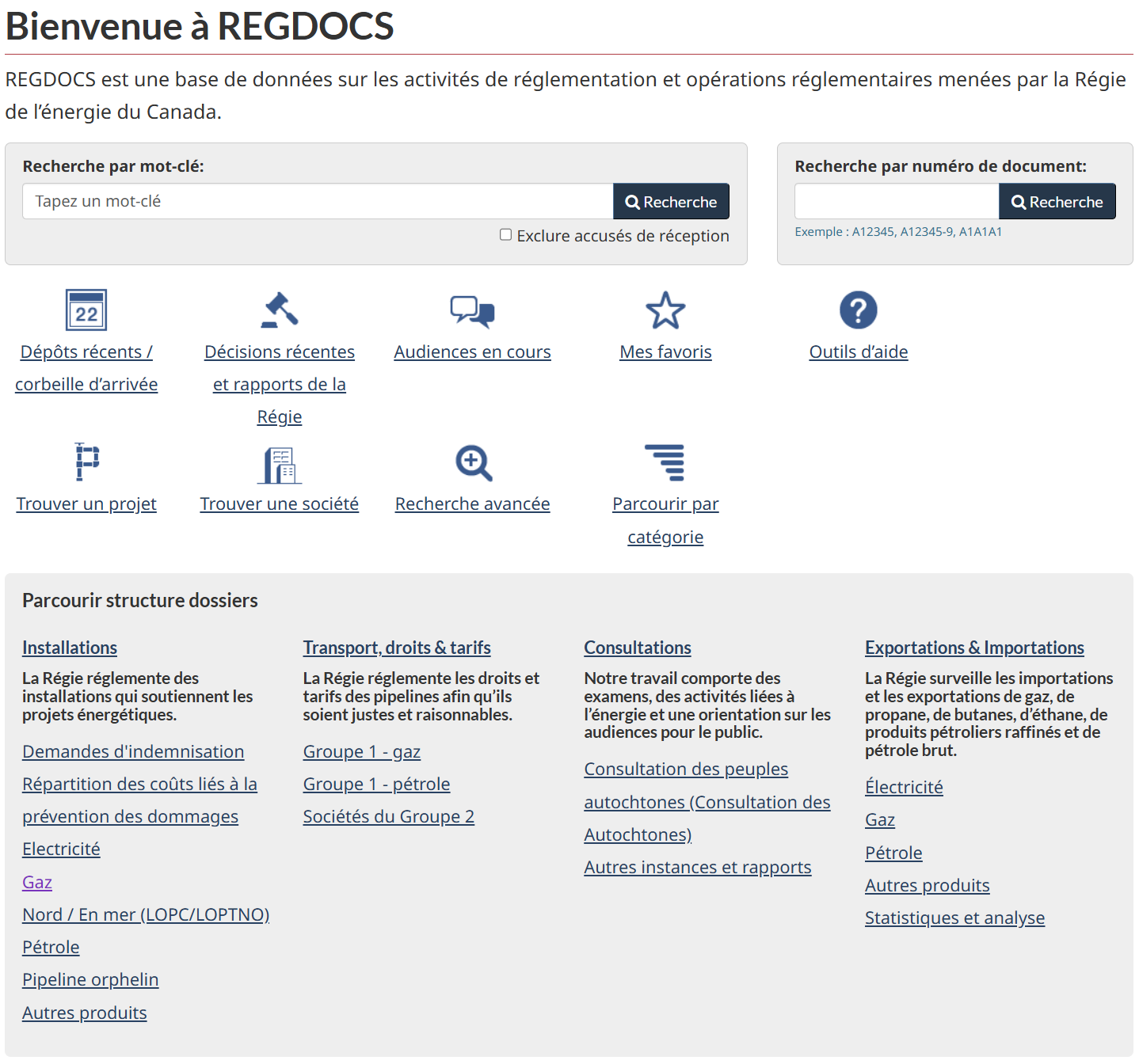 Aperçu de la page d’accueil de REGDOCS.