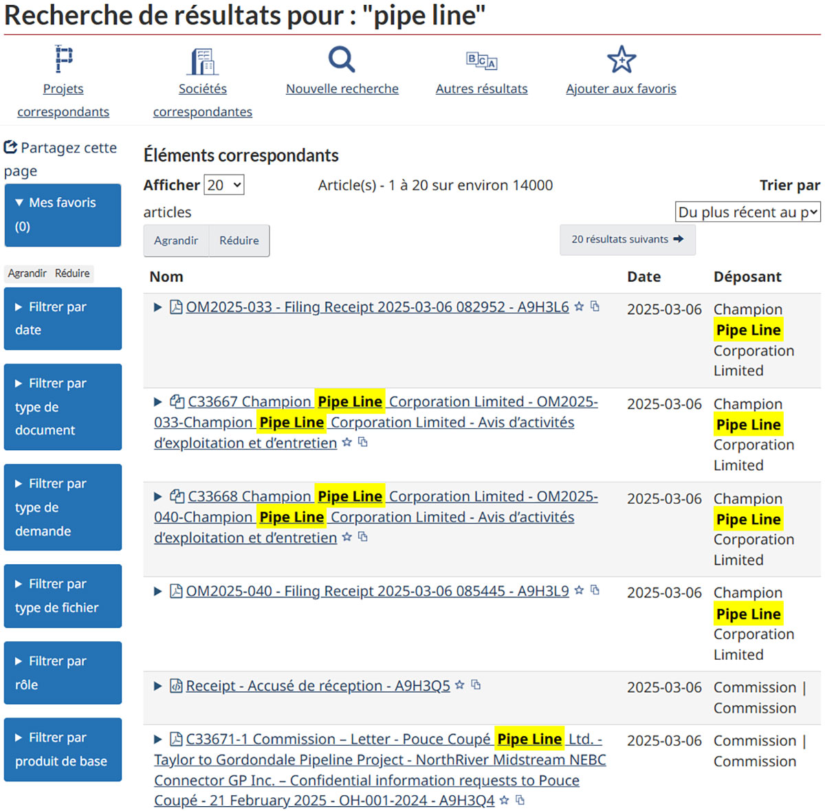 Premiers résultats de la recherche dans REGDOCS pour « pipeline »