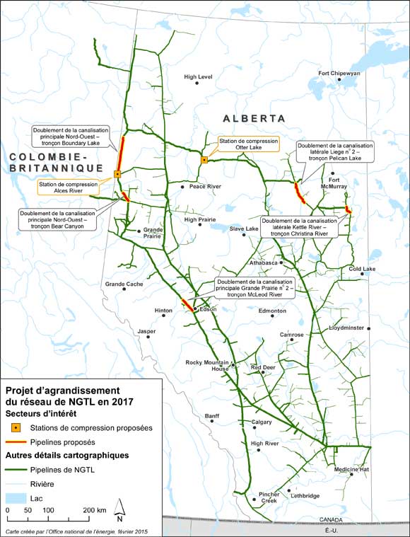 Carte du projet d'agrandissement du réseau de NGTL en 2017