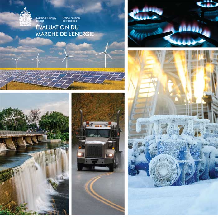 Page couverture — Évaluation du marché de l’énergie, éoliennes et panneaux solaires, brûleur au gaz naturel sur une cuisinière, barrage hydroélectrique, poids lourd sur une route, infrastructure de gaz naturel couverte de givre