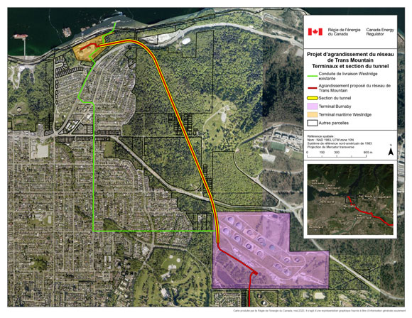 Carte du Projet d'agrandissement du réseau de Trans Mountain - Terminaux et section du tunnel