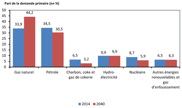 Figure&nbsp;4.7 - Part des combustibles dans la demande d’énergie primaire - Scénario de référence