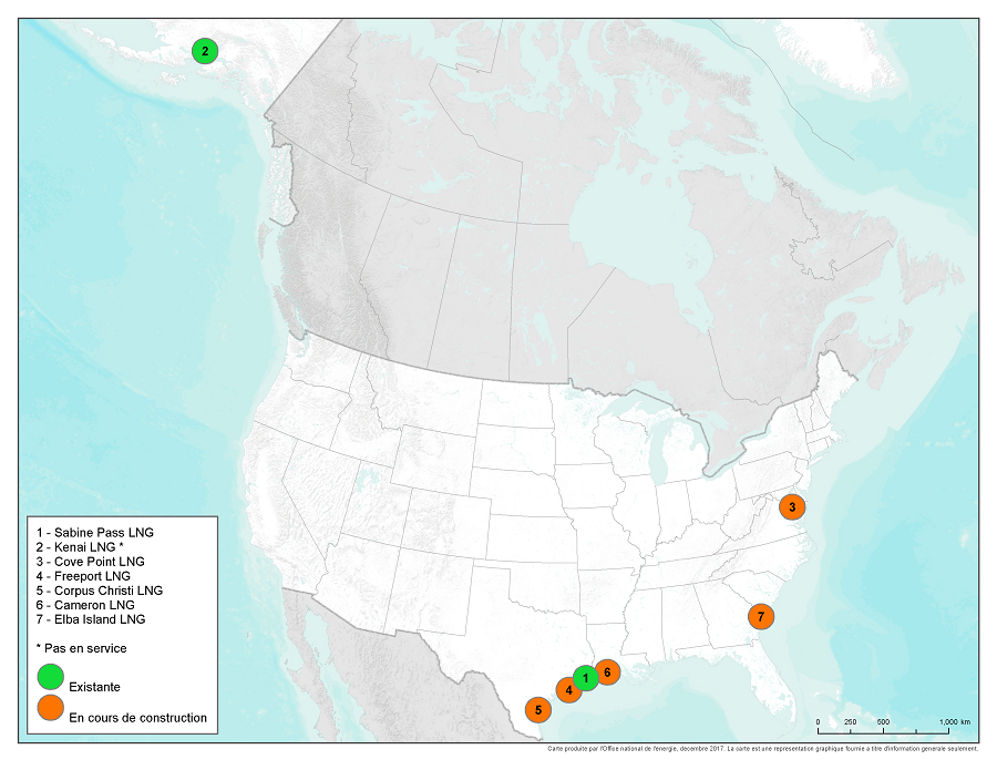 Figure 1 – Les terminaux d’exportation de GNL actuels et en construction en Amérique du Nord
