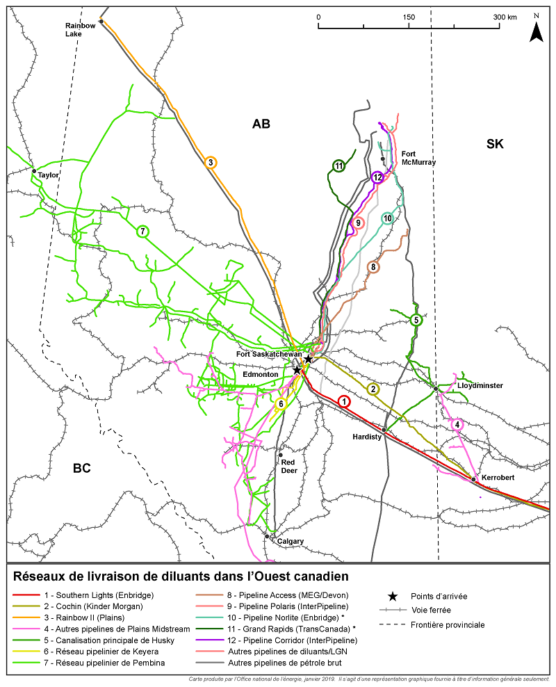 La carte illustre le tracé des principaux pipelines transportant des diluants dans l’Ouest canadien. Nombreux sont ceux qui récupèrent les pentanes plus, les condensats, le pétrole brut et d’autres liquides de gaz naturel extraits dans les zones d’exploitation pour les diriger vers le principal carrefour d’Edmonton/Fort Saskatchewan.