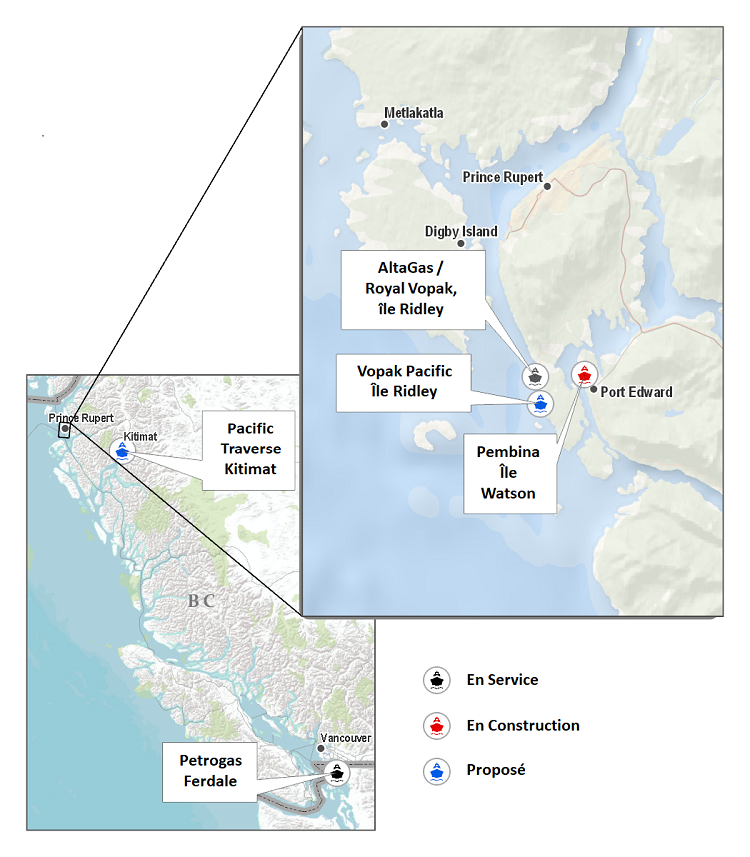 Figure 1 : Terminaux portuaires d’exportation de propane proposés en Colombie-Britannique