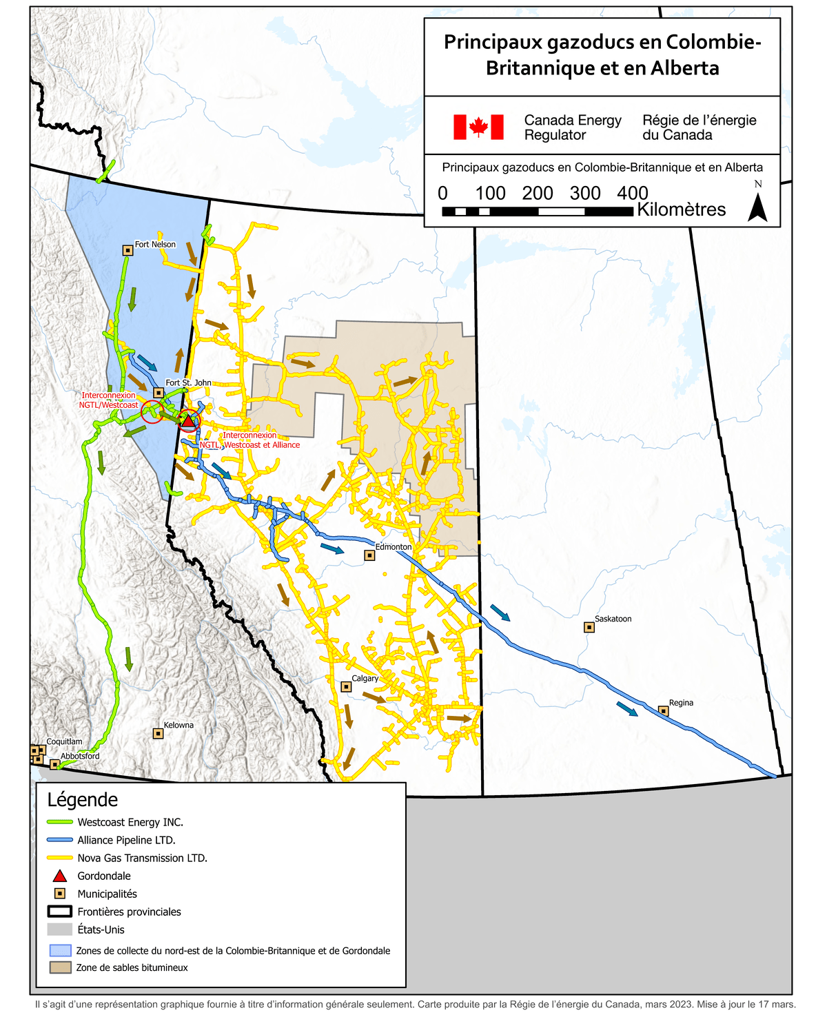 Une carte montre les trois gazoducs suivants : NGTL, Alliance et Westcoast. On y voit également Gordondale, les zones de collecte du nord-est de la Colombie-Britannique et de Gordondale, ainsi qu’une zone de sables bitumineux.