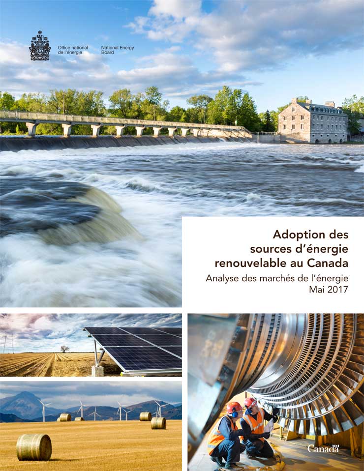 En haut à gauche: barrage du patrimoine québécois de l’île des Moulins à Terrebonne par une belle journée d’été; au centre à gauche : panneaux d’énergie solaire dans un champ sous un ciel agité; en bas à gauche: éoliennes dans un champ cultivé avec balles de foin à l’avant-plan et montagnes au loin; en bas à droite : inspection d’une turbine dans une centrale