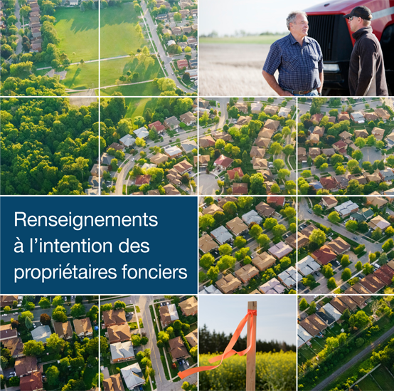 Image de couverture de la publication Renseignements sur les sanctions administratives pécuniaires à l’intention des propriétaires fonciers – Deux hommes discutent devant une moissonneuse-batteuse et un piquet d’arpentage, avec en arrière-plan une photo aérienne de terres agricoles