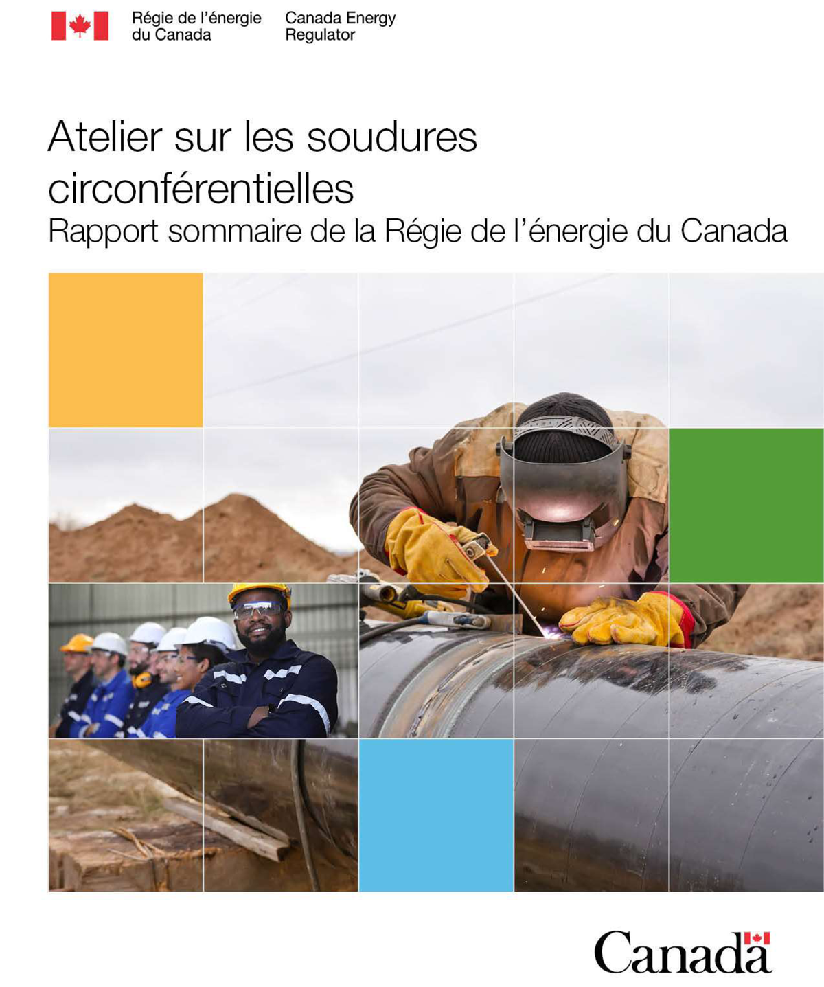 Des personnes effectuant une soudure circonférentielle sur le chantier et une file de travailleurs industriels portant de l’équipement de protection individuelle (« ÉPI »)