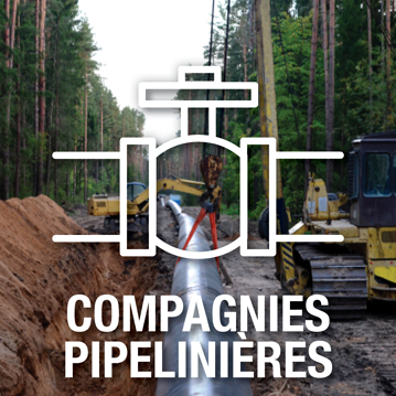 Pictogramme superposé à une image montrant une grue montée sur chenilles avec flèche latérale en train d’installer un pipeline dans une tranchée – Compagnies pipelinières