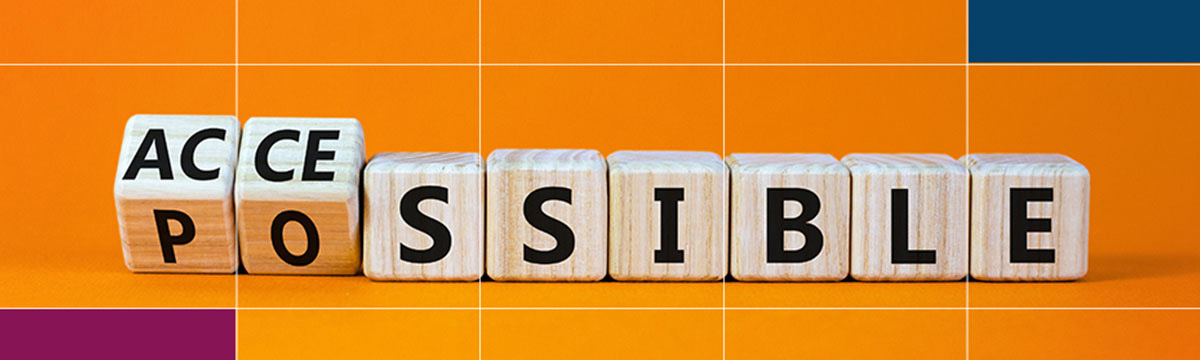 Banner showing a row of toy blocs showing the words Accessible and Possible.